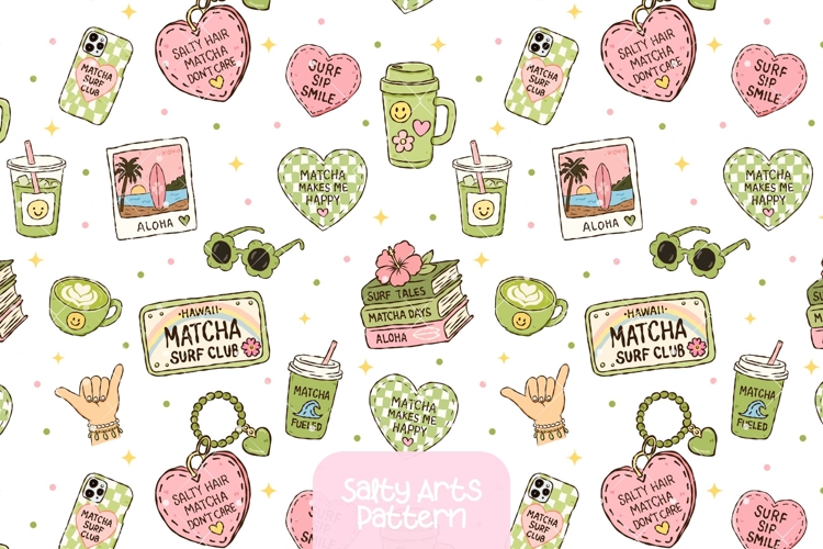 Retro Matcha Surf Club Seamless Paper - Cute Coastal Pattern