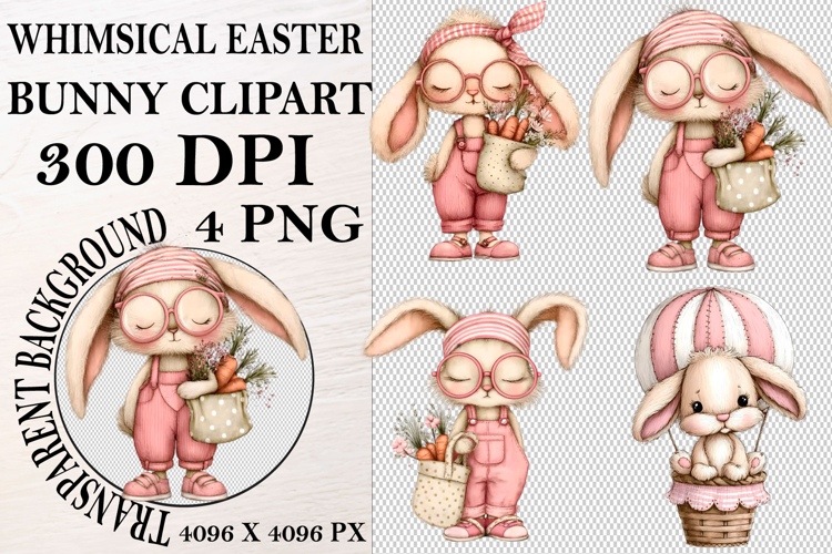 Whimsical Bunny Easter Clipart, Watercolor Easter Bunny PNG