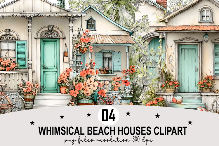 Whimsical Beach Houses Clipart Watercolor Clipart png