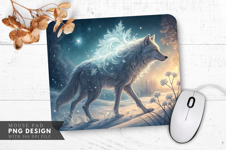 Moonlit Wolf in a Snowflake Field Peak Mouse Pad PNG Design
