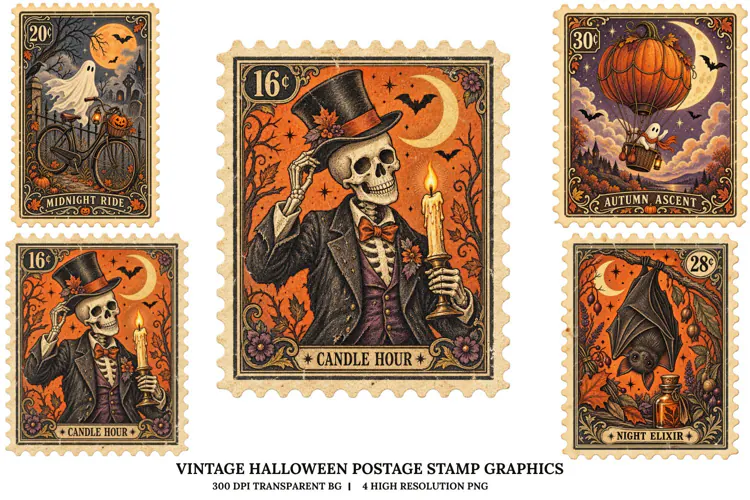 Vintage Halloween Postage Stamp PNG Gothic Spooky Sublimatio