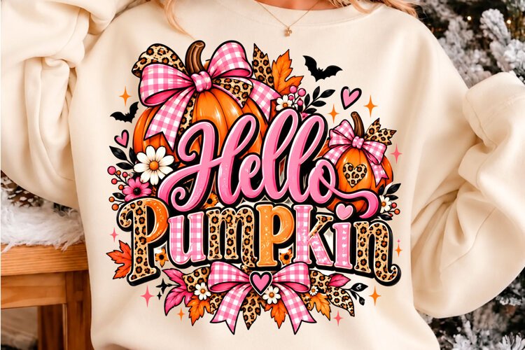 Hello Pumpkin Pink Leopard Fall PNG Halloween T-shirt de example image 1