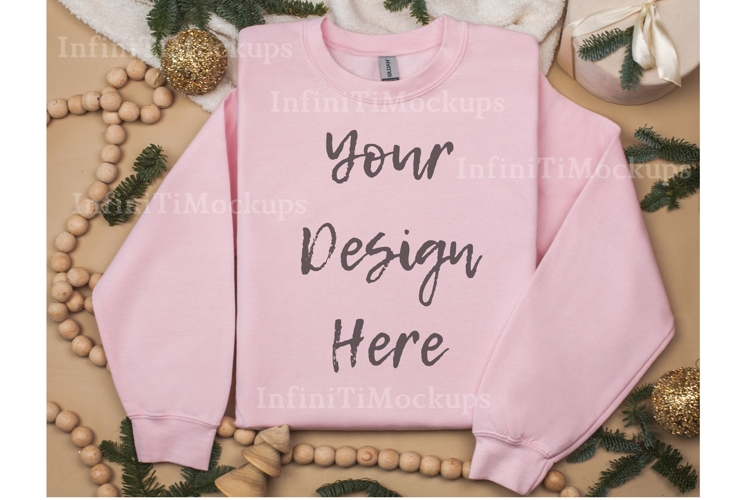Gildan 18000 Light Pink Christmas sweatshirt mockup Top view