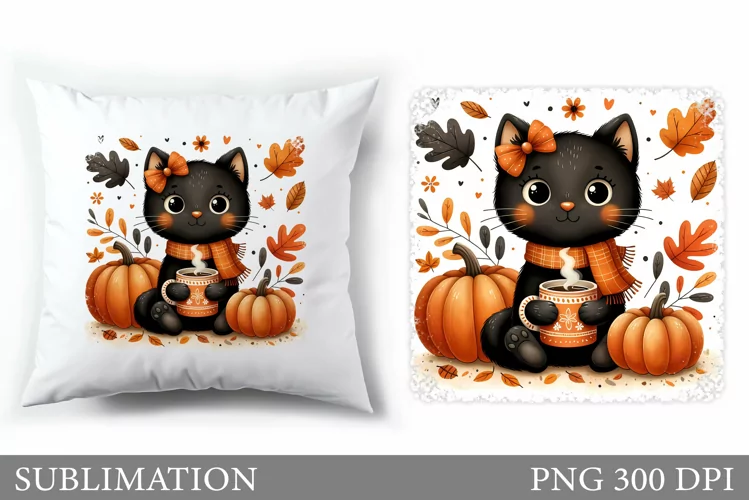 Fall Cat Pillow Design. Fall Pillow Sublimation