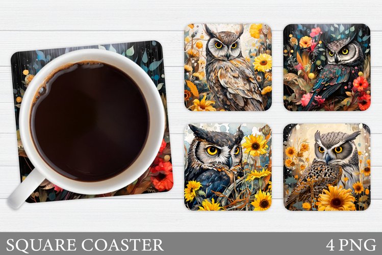 Cute Owl Coaster Design. Owl Flowers Coaster Sublimation