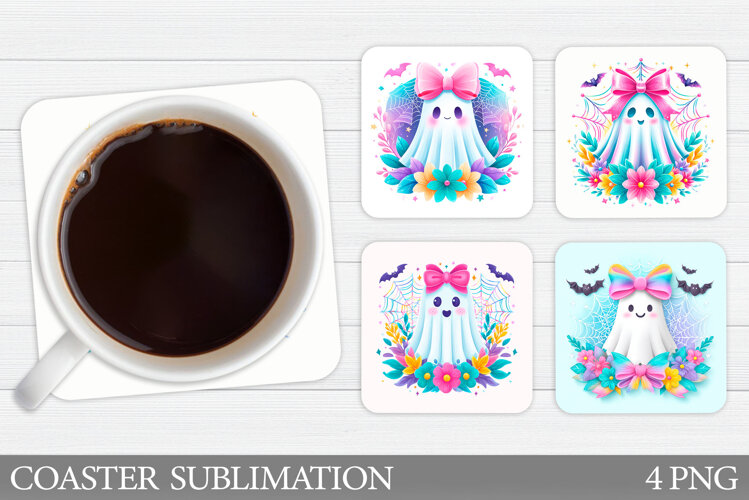Cute Ghost Coaster Design. Cute Halloween Sublimation example image 1