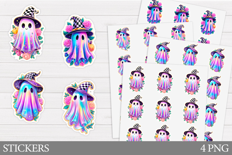 Neon Ghost Sticker Design. Cute Halloween Sticker Printable