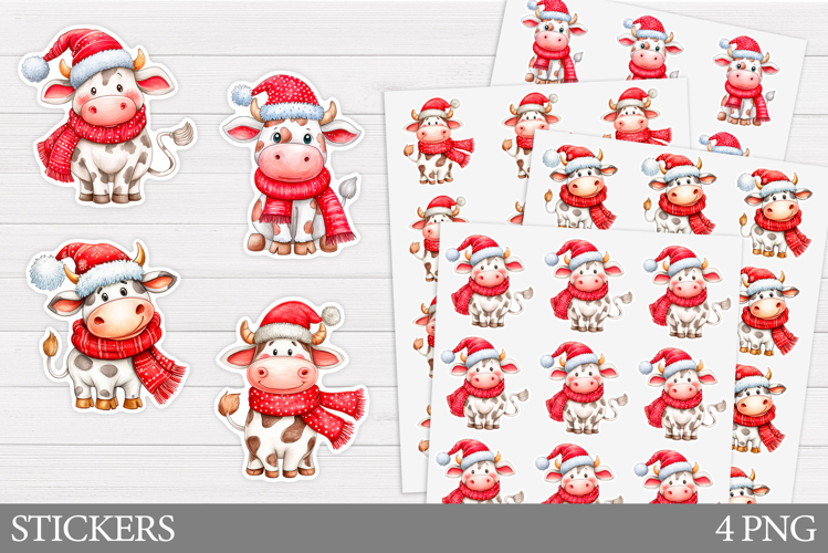 Christmas Cow Sticker Design. Christmas Sticker Printable