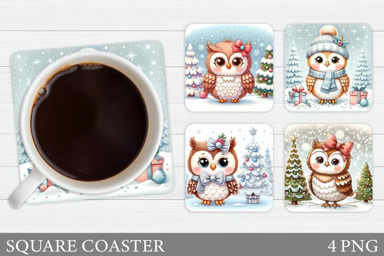Christmas Owl Coaster Sublimation. Christmas Coaster Design