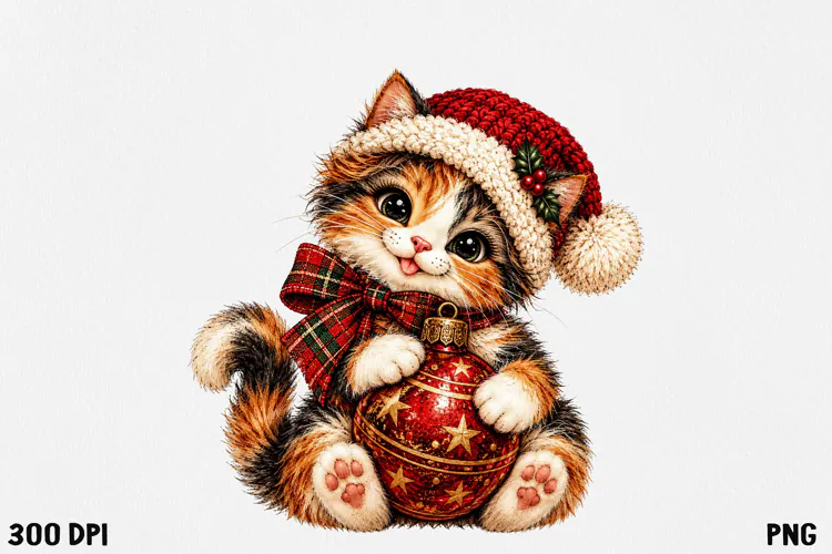 Cute Christmas Cat Clipart PNG | Whimsical Holiday Kitty