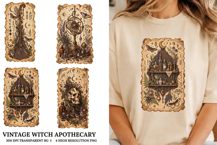 Vintage Witch Apothecary PNG Gothic Botanical Sublimation