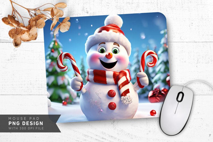 Snowman Holding Candy Cane with Snowy Backdrop Mouse Pad