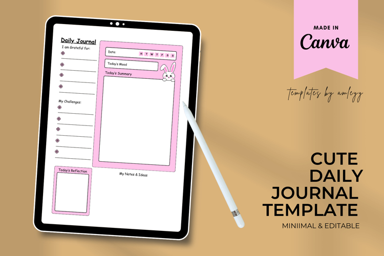 Cute Daily Journal Canva Template - Editable Planner & Self-