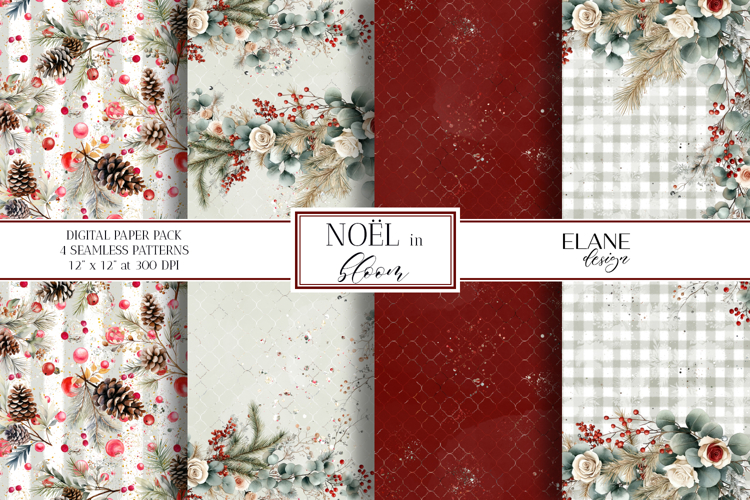 Christmas Digital Paper, Winter Floral Seamless Patterns