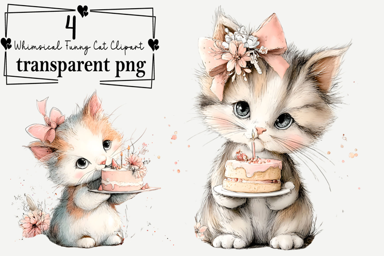 Whimsical Funny Cat Clipart Watercolor PNG