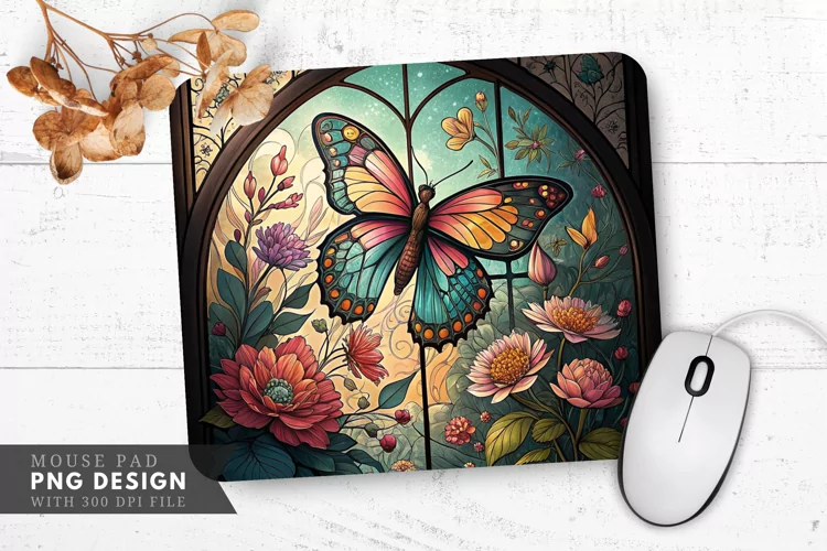 Butterfly and Floral Stained Glass Design Mouse Pad PNG