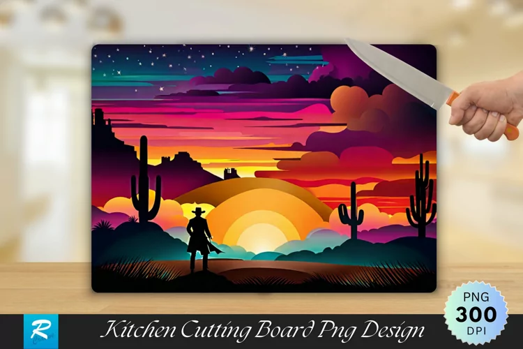 Man Stands In Front Of A Colorful Sky Cutting Board PNG