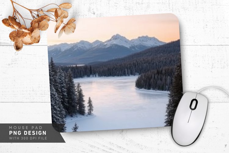 Picturesque Frozen Lake Surrounded by Snow Mouse Pad PNG