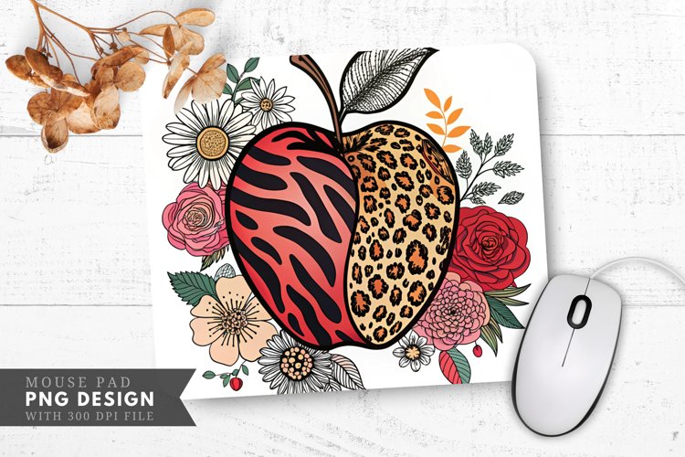 Artistic Apple with Animal Prints and Floral Mouse Pad PNG