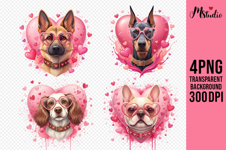 Valentine Dogs PNG Heart Glasses Cute Pet Art
