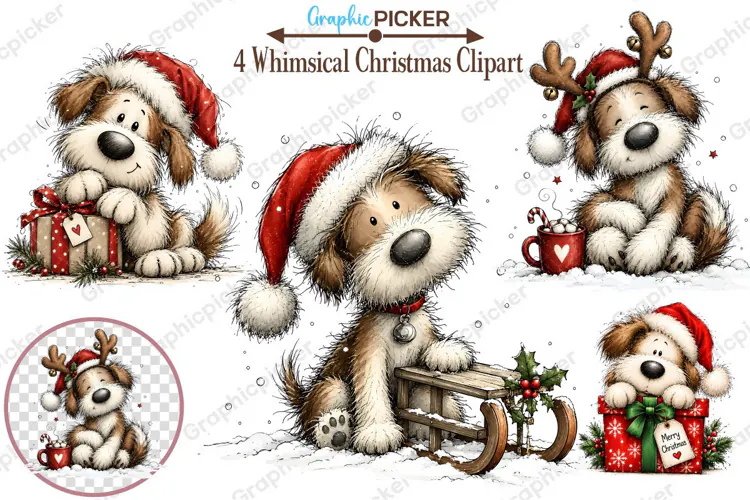 Whimsical Christmas Clipart, Christmas Dog Sublimation