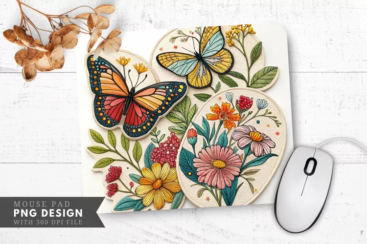 Butterfly Blooms Fabric Patch Mouse Pad PNG Design