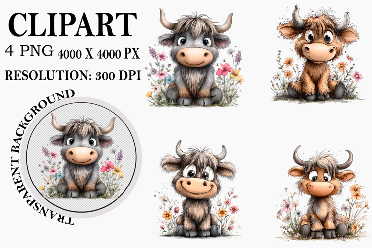 Highland Cow Clipart Watercolor PNG