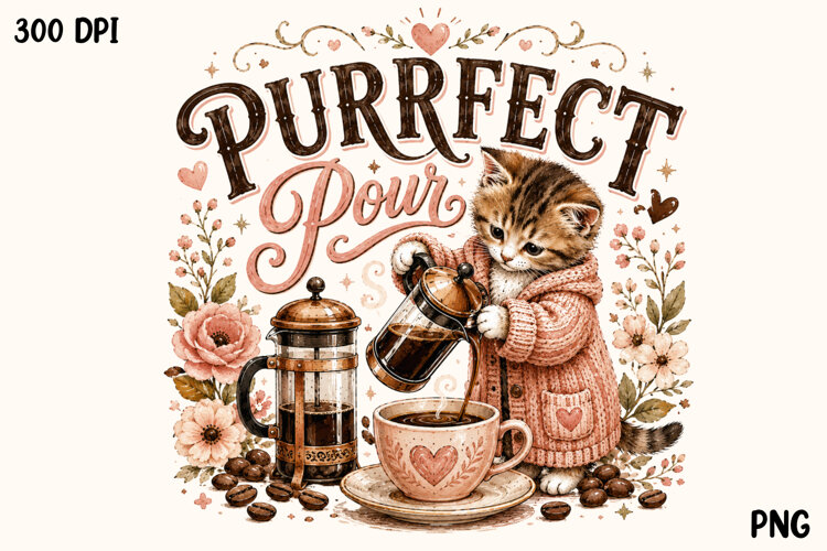 Purrfect Pour Cute Coffee Cat Cozy Kitten PNG example image 1