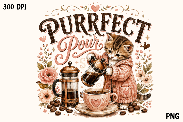 Purrfect Pour Cute Coffee Cat Cozy Kitten PNG