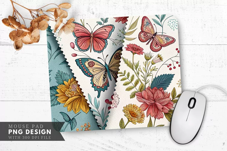 Butterfly Blooms Fabric Swatches Mouse Pad PNG Design