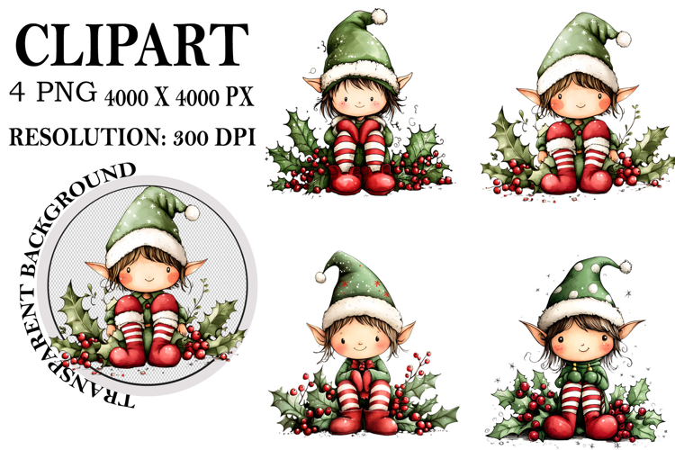 Christmas Elf Clipart, Funny Elf Clip Art Watercolor PNG example image 1