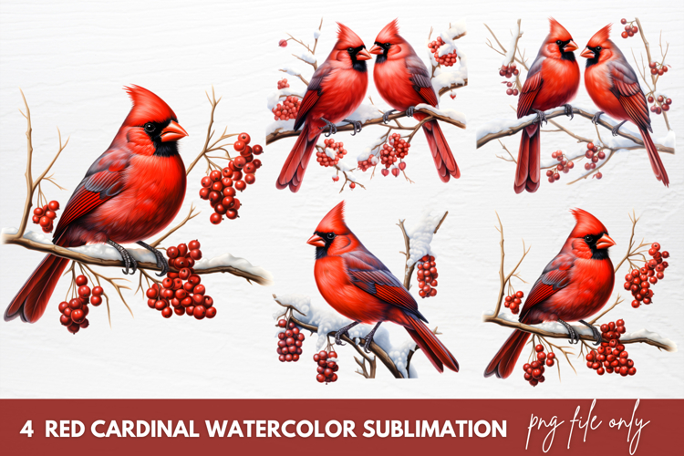 Red Cardinal Watercolor Sublimation Clipart