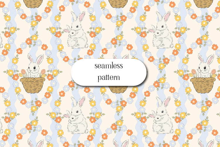 Easter Bunny Seamless Pattern, Floral Spring Nursery