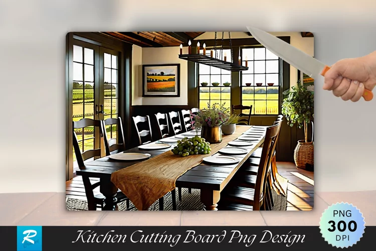 Farmhouse Dining Room with Rustic Charm Cutting Board PNG