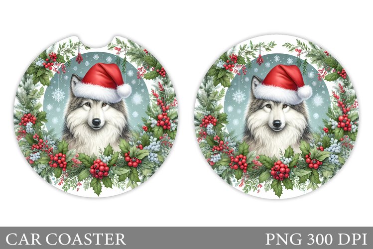Wolf Car Coaster Sublimation. Christmas Car Coaster Design example image 1