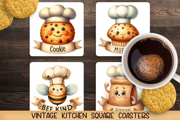 Vintage square coaster for kitchen. Sublimation PNG. example image 1