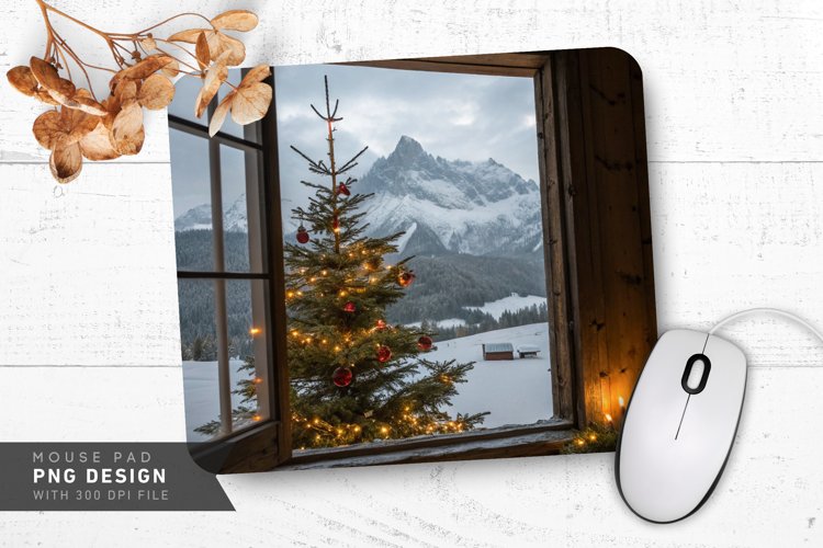 Rustic Christmas with Snowy Mountain Mouse Pad PNG Design