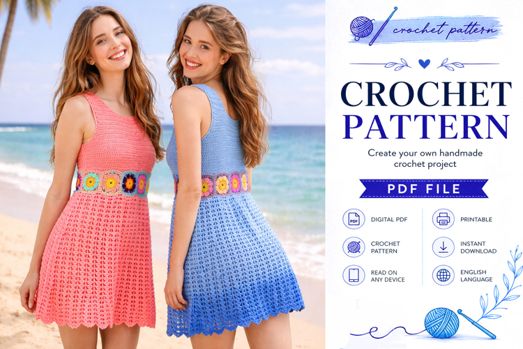 Floral Granny Square Crochet Dress Pattern PDF