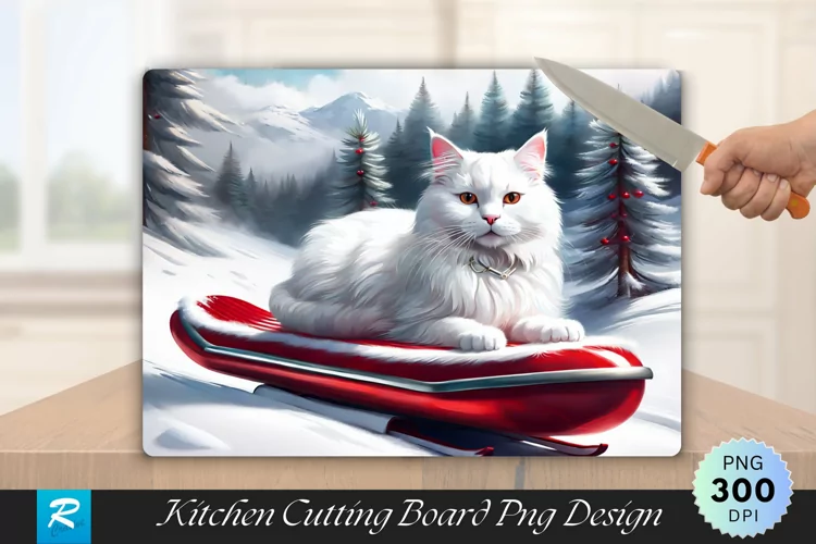 Fluffy White Cat on a Red Sled Cutting Board Sublimation