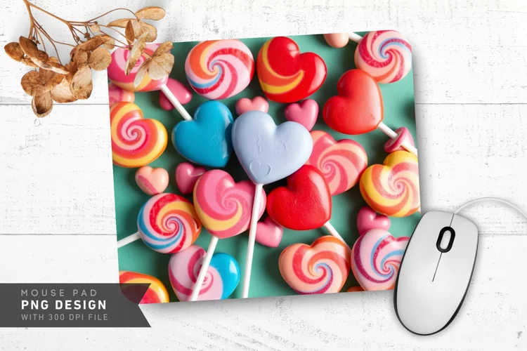 Colorful Heart Lollipops Mouse Pad PNG Design