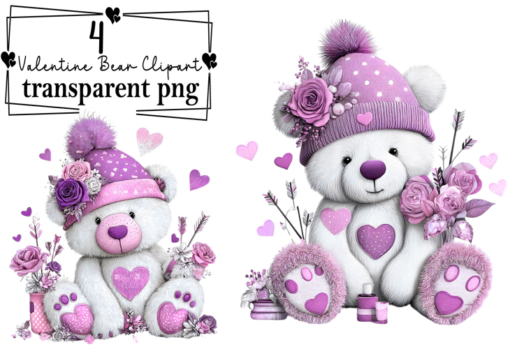 Whimsical Valentine Teddy Bear Clipart Watercolor PNG example image 1