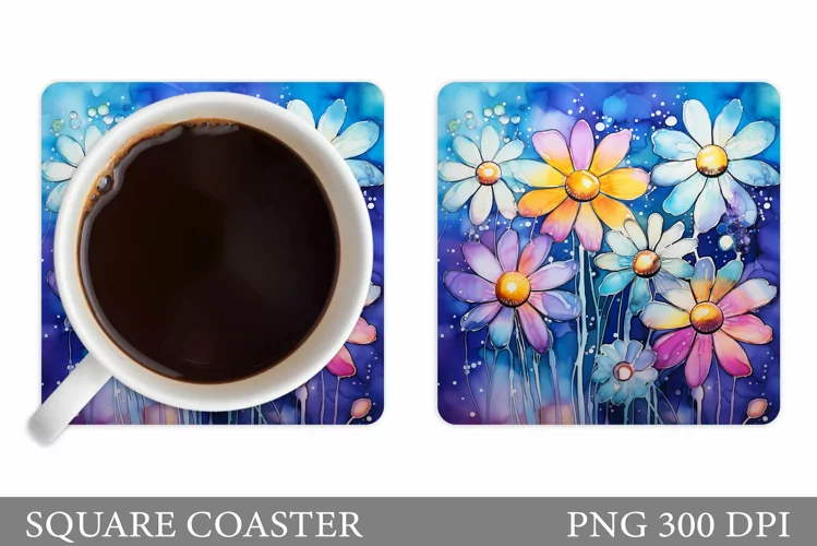 Daisy Flowers Coaster. Square Coaster Flowers Design