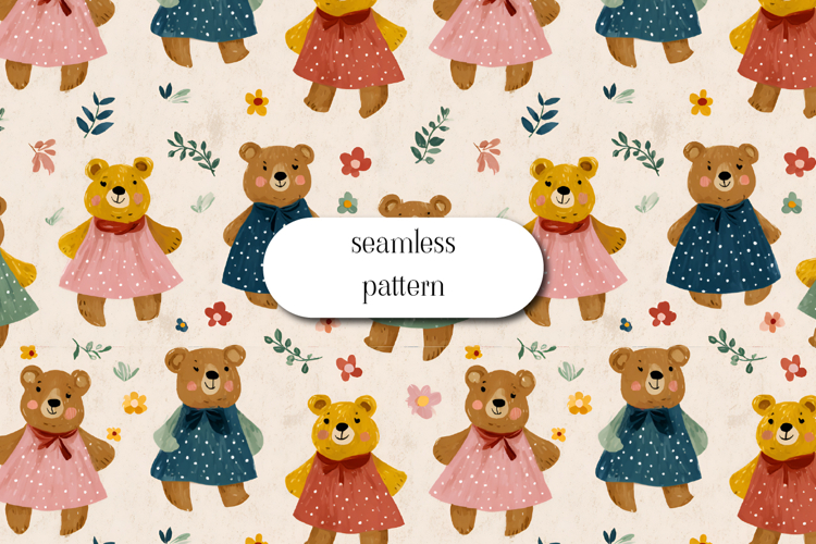 Cute Teddy Bears Seamless Pattern, Kids Nursery Design