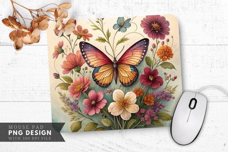 Butterfly and Floral Pressed Flower Mouse Pad PNG Design example image 1