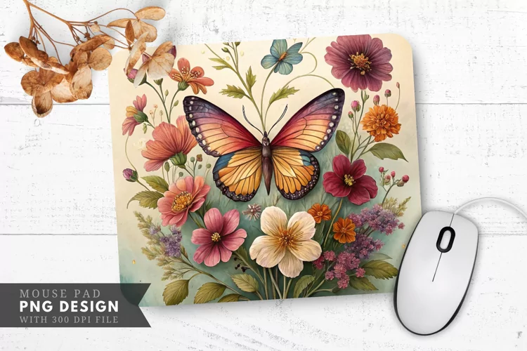 Butterfly and Floral Pressed Flower Mouse Pad PNG Design