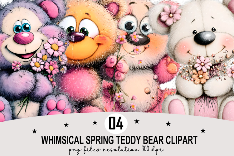 Whimsical Spring Teddy Bear Clipart Watercolor PNG