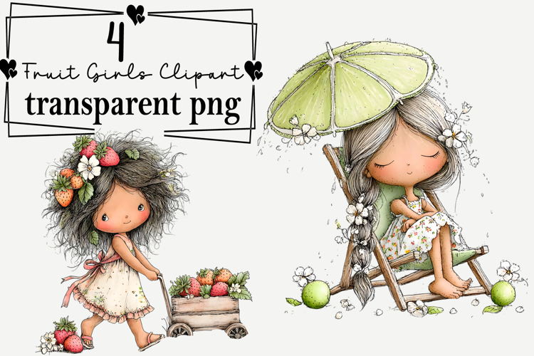 Whimsical Fruit Girls Clipart Watercolor PNG example image 1