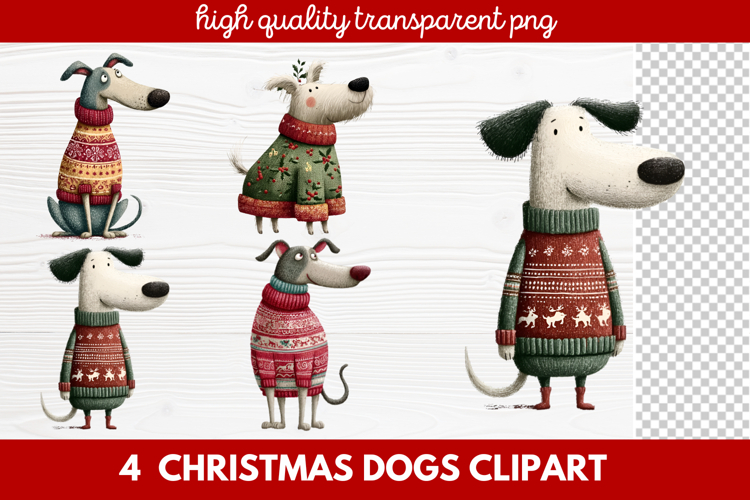 4 Christmas Dogs Clipart | Cute Holiday Puppy PNG Illustrati