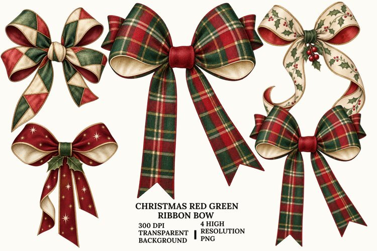 Christmas Red Green Bow PNG, Festive Ribbon Sublimation Art example image 1