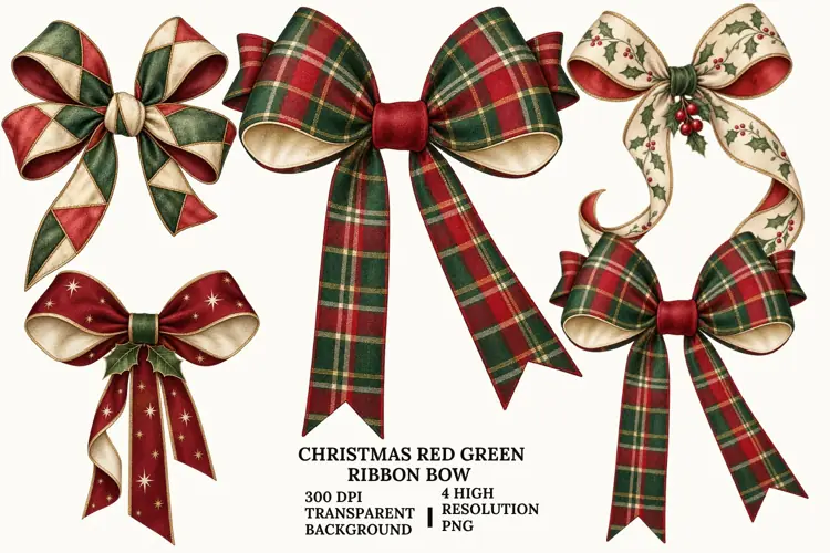 Christmas Red Green Bow PNG, Festive Ribbon Sublimation Art